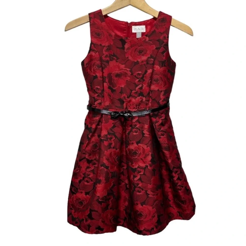 The Children’s Place Dress Red Floral Jacquard Belted Girls Size 10
